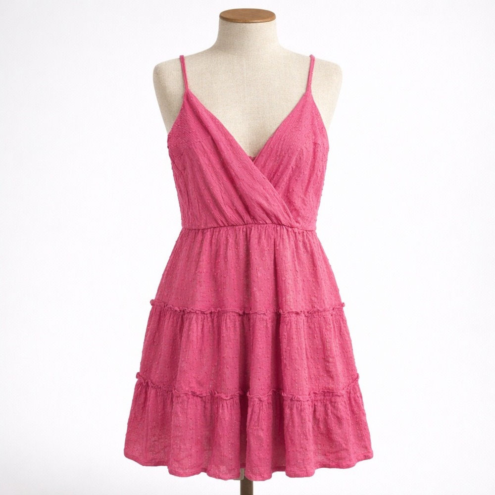 Polka Dot Fairy Tiered Mini Dress Size XS Hot Pink Coquette Preppy Metallic Twee - Picture 1 of 9